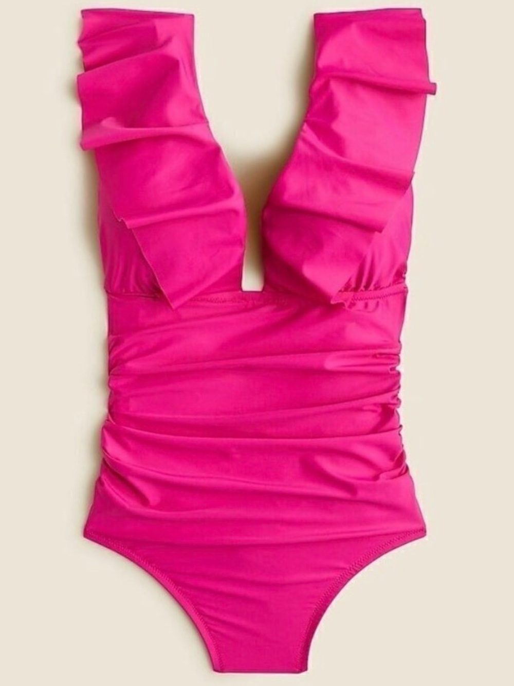 J Crew Ruched Ruffled Plunging V-Neck One-Piece Swimsuit in Hot Pink